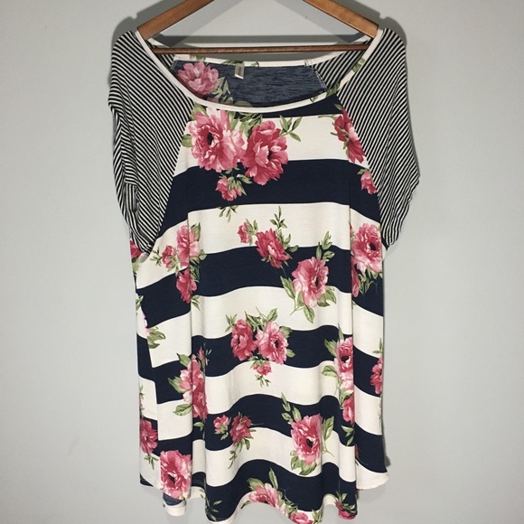 Emerald Tops - Emerald Blue and White Striped Floral Rose Tunic